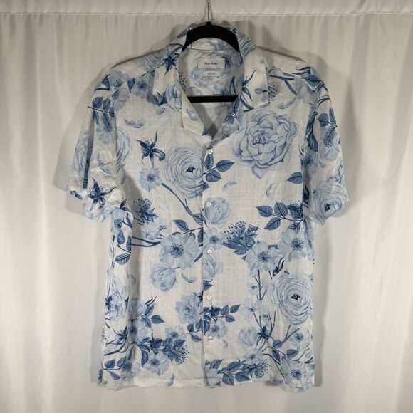 Porter Ash Linen Blend Hawaiian SHirt Mens Medium White Blue Short Sleeve Button - Picture 1 of 11